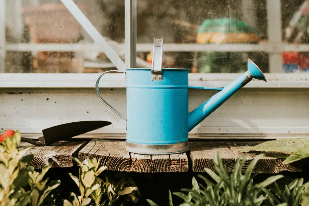 blue watering can with a trowel on wooden table