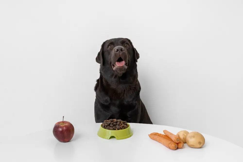 A dog siting in front of a fable with veggies on it